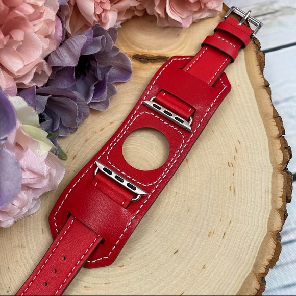 Vegan Leather Red Double Cuff Watchband for Apple - Picture 8 of 13